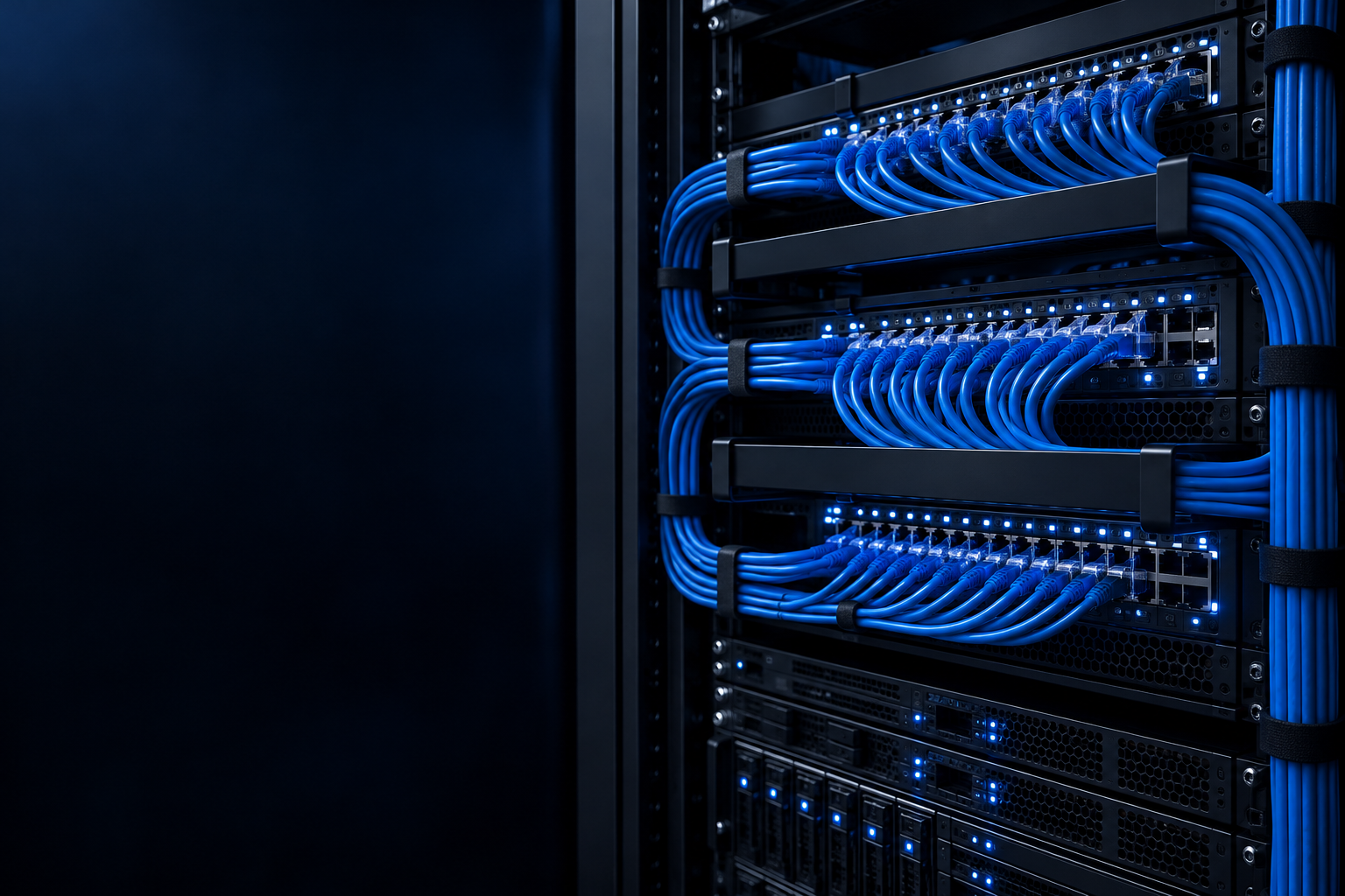 Neatly organized network rack with blue patch cables